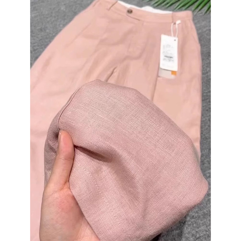 粉色亚麻阔腿裤春夏薄款高腰宽松