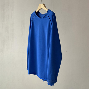 宽松垂感百搭卫衫 克莱因蓝圆领开叉明线设计感长袖 T恤女早春新款