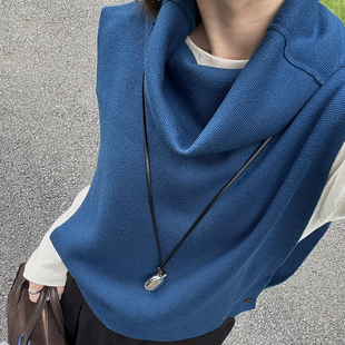 蓝色堆堆领无袖叠穿毛衣背心冬季新款韩系宽松设计感气质马甲上衣