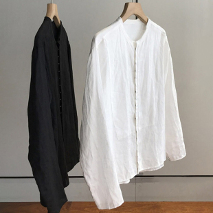 老钱风白色小立领亚麻单排扣衬衫外套春季新款宽松百搭极简风衬衣