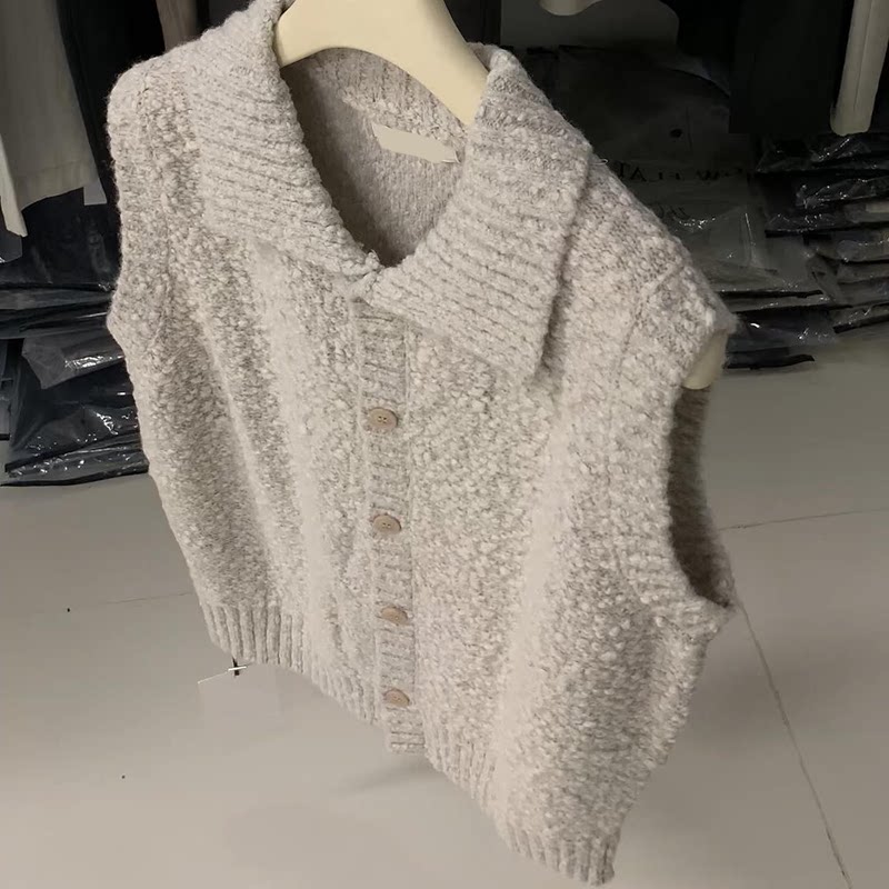 复古灰色翻领颗粒感领毛衣背心秋