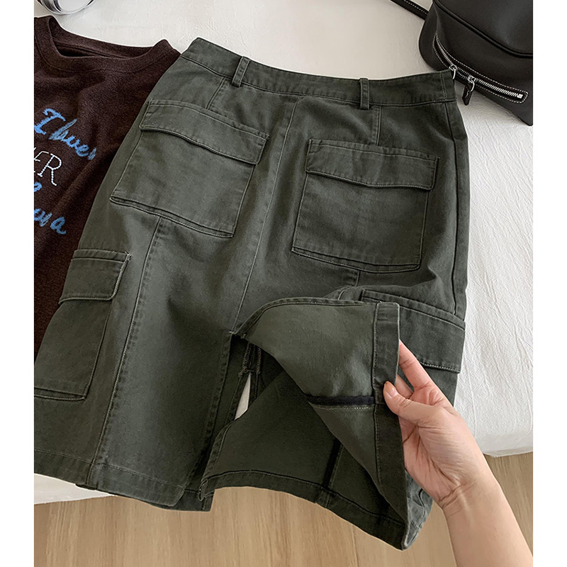军绿色高腰工装多口袋开叉半身裙