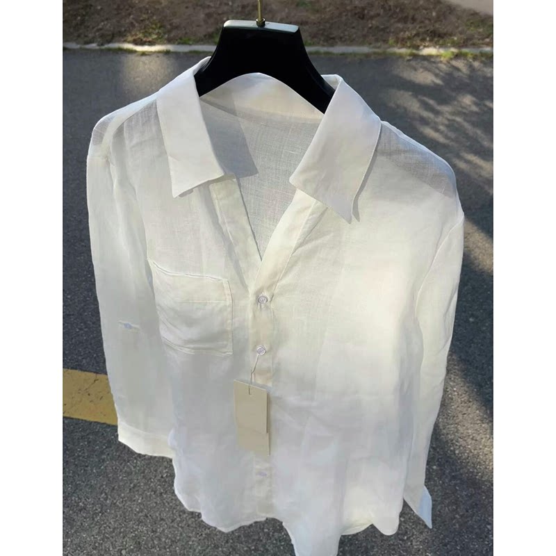 CHAO级推荐！白色苎麻翻领剪刀领单排扣衬衫女春季新款防晒空调衫