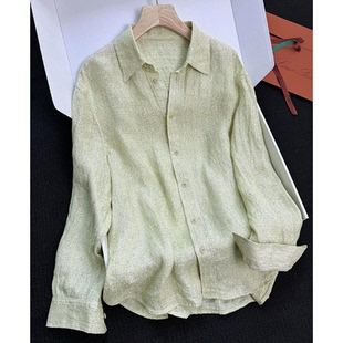 CHAO级穿搭!浅黄色亚麻翻领排扣衬衫女春季小清新防晒衬衣小外套