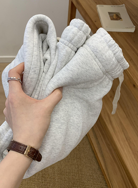 极简风花灰色加绒松紧腰束脚运动裤女冬季新款垂感保暖直筒裤卫裤