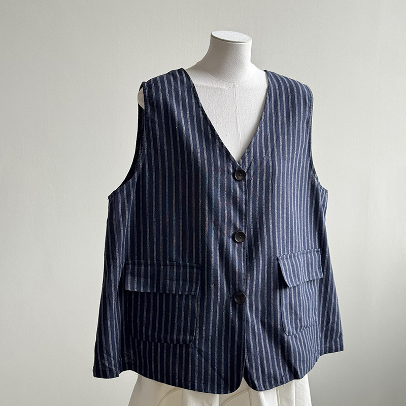 韩版蓝色条纹V领背心马甲夏季新
