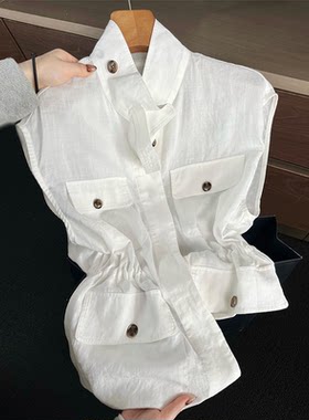 白色麻料工装收腰背心马甲女夏季
