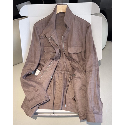 棕咖色立领拉链四口袋棉麻外套女