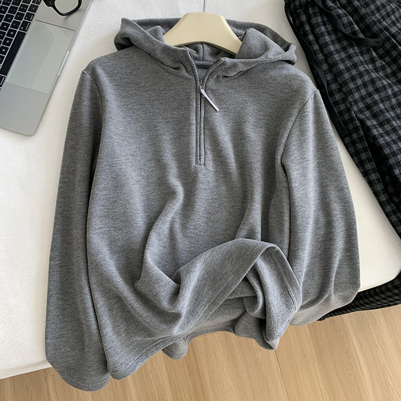 格雷系灰色连帽拉链半开襟长袖T恤女冬季新款垂感百搭通勤小卫衣