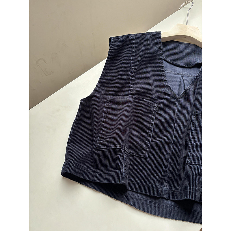 无D推荐！藏蓝色灯芯绒V领背心外套早春新款叠穿双口袋高质量马甲