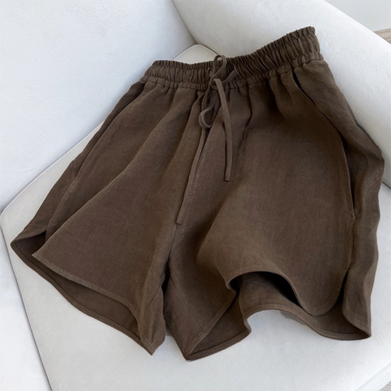 现货】咖啡色复古松紧腰直筒亚麻短裤女夏季透气款棉麻休闲五分裤