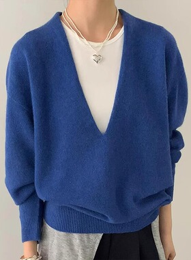 【现货！】东大门宝蓝色V领马海毛针织衫26秋冬叠穿百搭长袖上衣