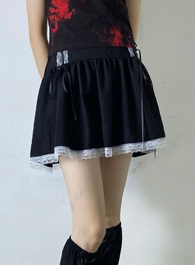 2021年高腰半身裙黑色夏季短裤a字裙Y2K性感蕾丝花边修身原宿短裙