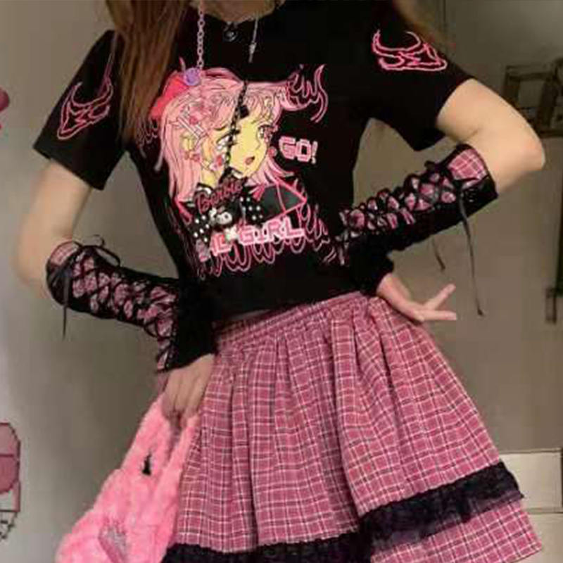 格子日系甜美自制手袖套蕾丝拼接时尚个性绑绳女街头JK防晒手臂套