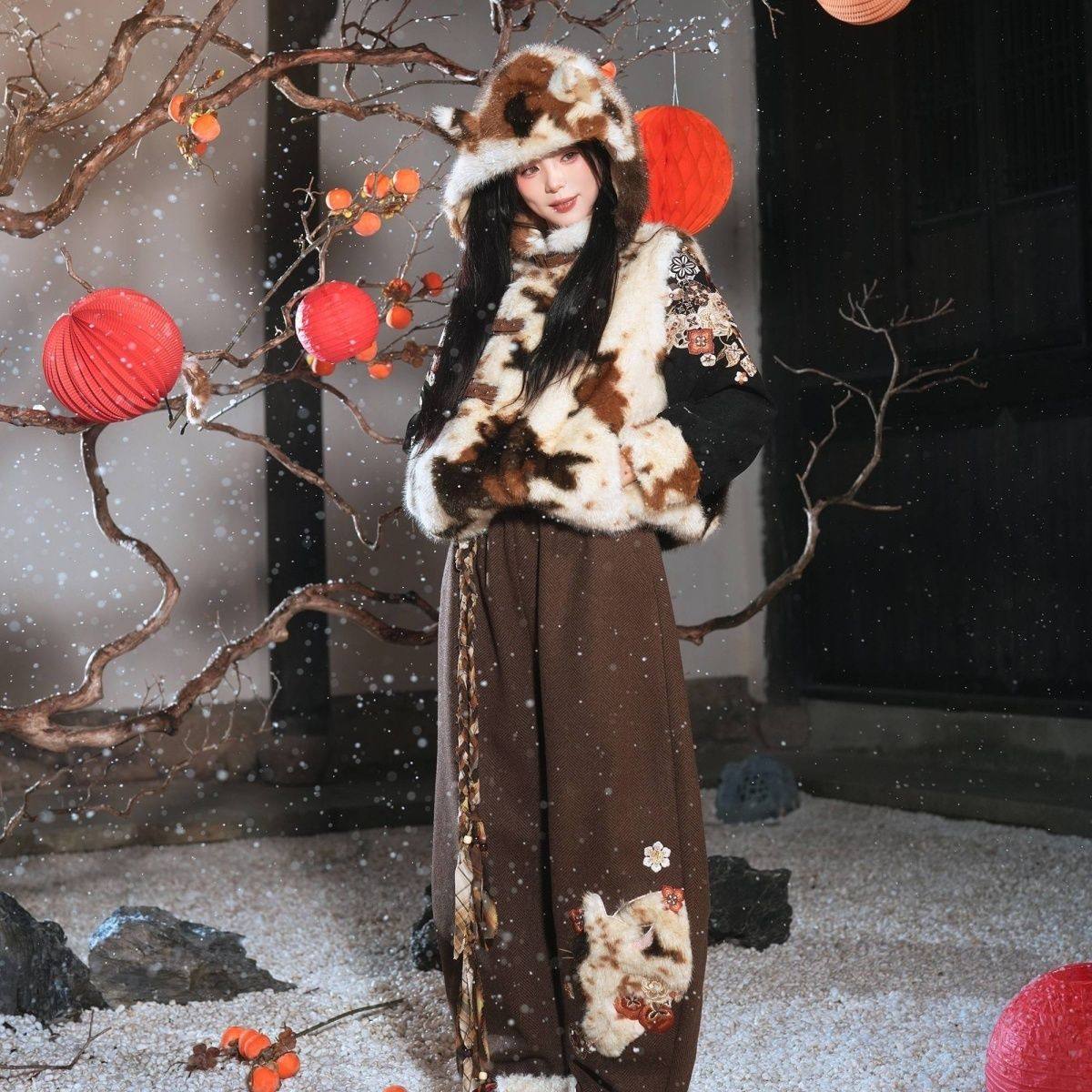 【柿柿如意】秋冬加厚外套毛绒保暖国风长裤呢子汉短裙套装