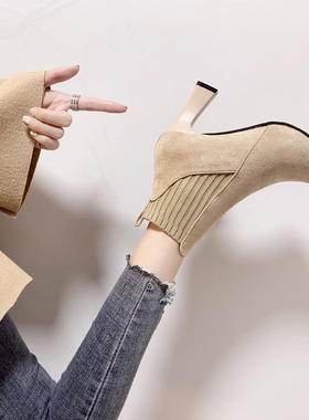 加绒瘦瘦靴小跟短靴女春秋单靴弹力袜子靴尖头粗跟高跟鞋女冬裸靴