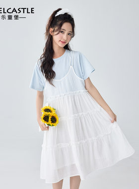 迷乐童堡女童连衣裙夏初中生女孩12韩系裙子女大童假两件吊带裙13