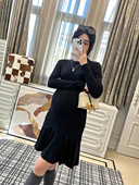 LeoMami孕妇装 春秋赫本风鱼尾连衣裙磨毛荷叶边小黑裙内搭打底裙