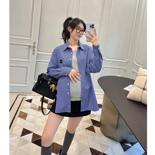 孕妇装春装格子衬衫复古衬衣