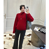 侧领纽扣羊毛红色毛衣设计感自带围巾针织衫 LeoMami孕妇装 春秋款