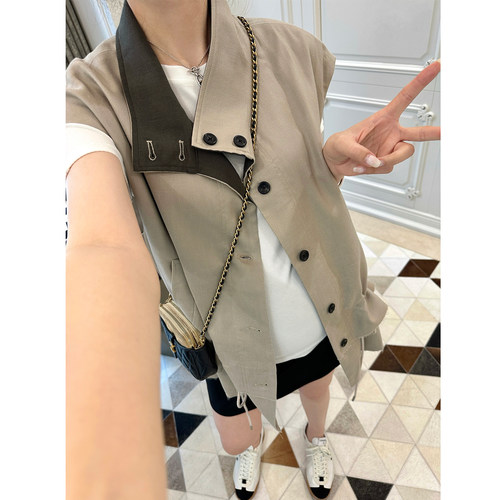 LeoMami孕妇亚麻立领抽绳马甲