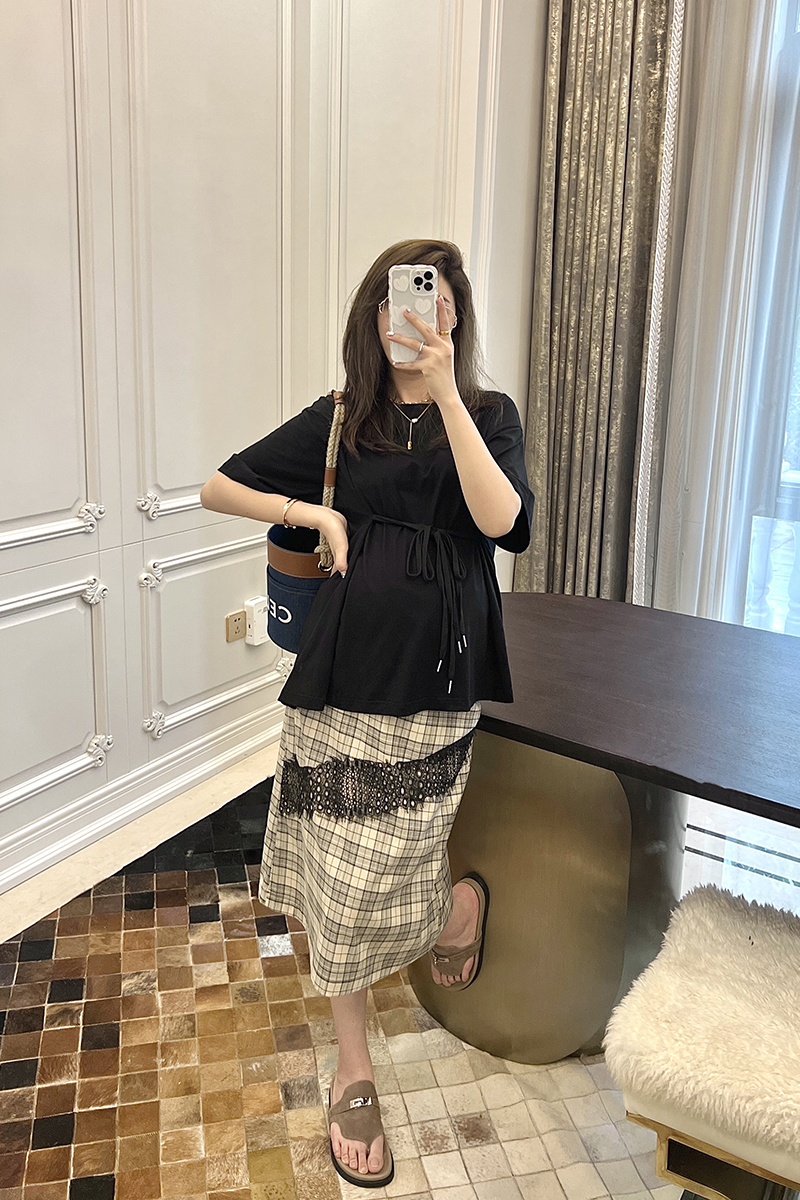 孕婦半身裙夏季復古格子蕾絲裙子