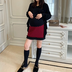 格子半身裙春秋后开叉设计感包臀百褶短裙 孕妇中长款 LeoMami