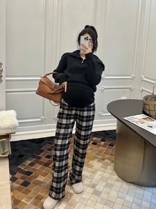 LeoMami孕妇裤冬羊毛格子休闲裤加厚保暖托腹时尚法式复古直筒裤