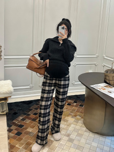 复古直筒裤 LeoMami孕妇裤 法式 加厚保暖托腹时尚 冬羊毛格子休闲裤
