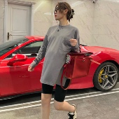 LeoMami 时尚 孕妇长袖 新款 口袋设计纯棉下摆开叉上衣潮 T恤春季