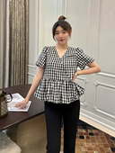 夏季 V领格子宽松收腰短款 上衣醋酸天丝时尚 LeoMami孕妇装 通勤衬衫