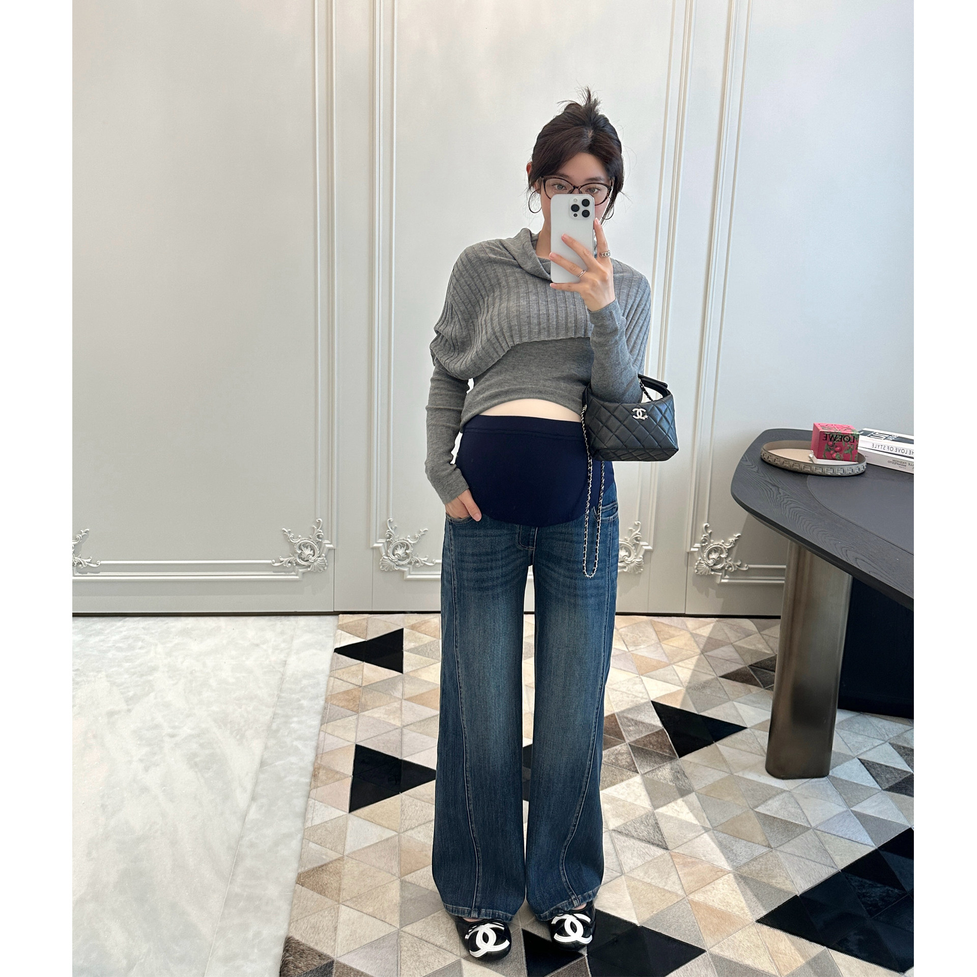LeoMami孕妇裤春秋莱赛尔复古微喇叭牛仔裤四面弹宽松显瘦阔腿裤