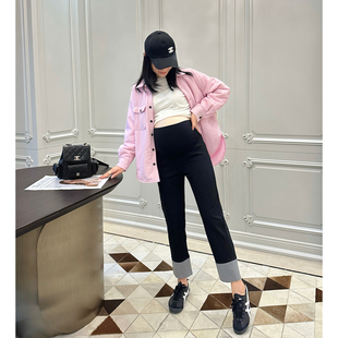 显瘦百搭休闲裤 弹力修身 秋拼接莱塞尔仿牛仔九分裤 LeoMami孕妇裤