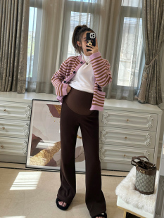 坑条纹托腹拖地阔腿裤 加绒加厚运动喇叭裤 潮 子冬款 LeoMami孕妇裤