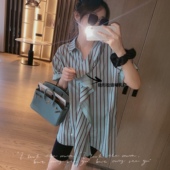 设计感条纹开叉可哺乳宽松中长款 短袖 上衣 夏季 LeoMami孕妇衬衫