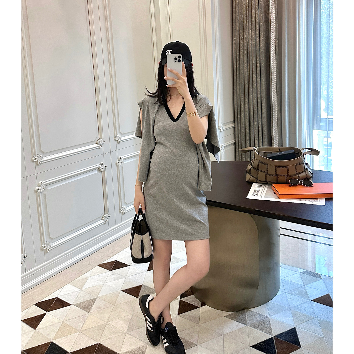 LeoMami孕妇装夏季V领背心裙外套套装凉感修身显瘦弹力卫衣两件套