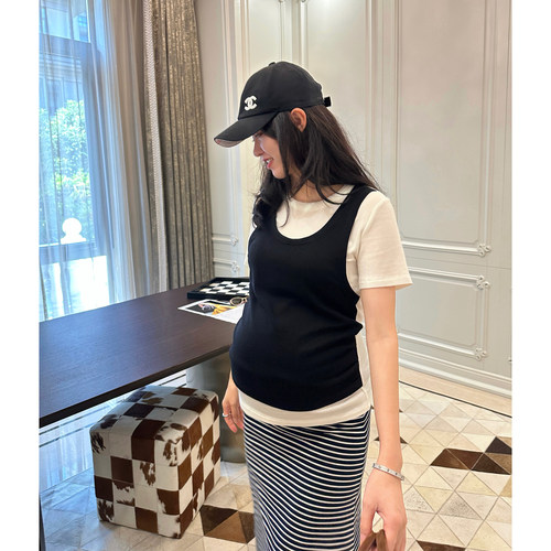 孕妇装夏季拼接撞色假两件短袖