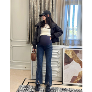 LeoMami孕妇裤春设计感牛仔裤加绒外穿时尚宽松显瘦开叉微喇叭裤