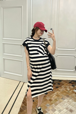 孕妇装夏无袖慵懒显瘦条纹连衣裙