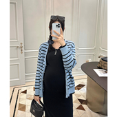 后背纽扣小众毛衣外套 小香风条纹羊毛针织开衫 LeoMami孕妇装 春季