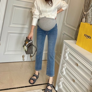 LeoMami孕妇牛仔裤子夏装弹力显瘦九分托腹直筒裤百搭休闲烟管裤