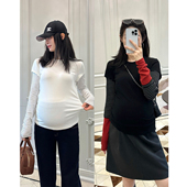 秋冬装 撞色拼接假两件长袖 T恤设计感条纹袖 LeoMami孕妇装 打底衫