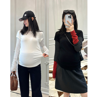 打底衫 LeoMami孕妇装 T恤设计感条纹袖 撞色拼接假两件长袖 春秋装