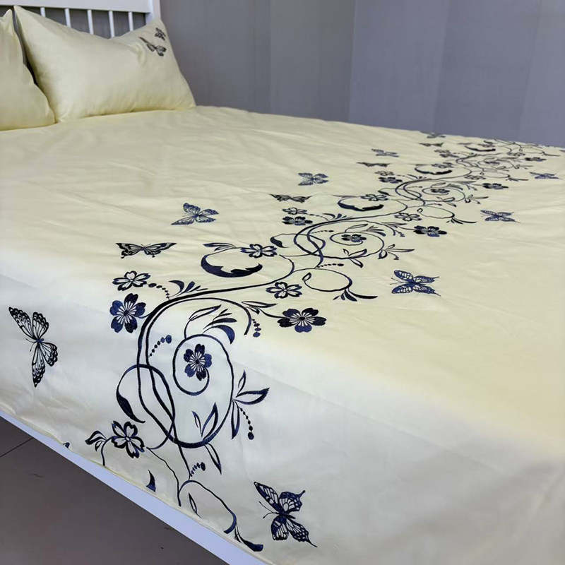 外贸尾单100%纯棉斜纹棉刺绣被套四件套柔软亲肤绣花全棉被罩床品