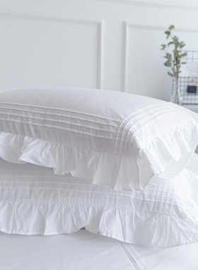 外贸纯棉枕套单人全棉枕套枕袋韩式捏折荷叶边白色公主风一对特价