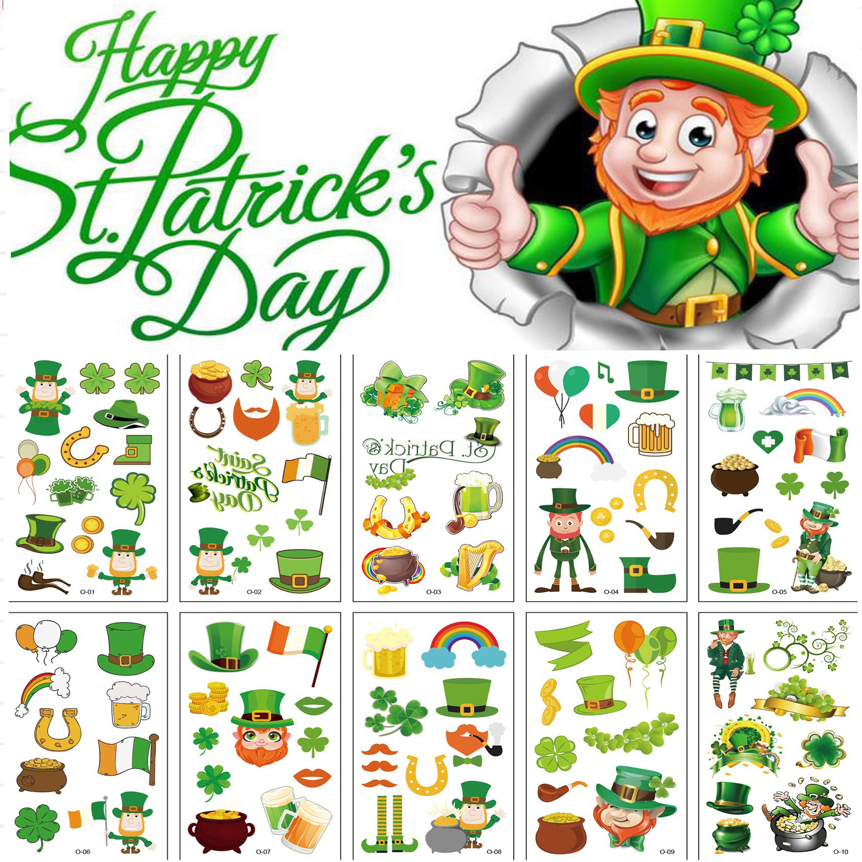 幸运草纹身贴爱尔兰圣帕特里克节三四叶草文身贴纸国旗啤酒潮脸贴