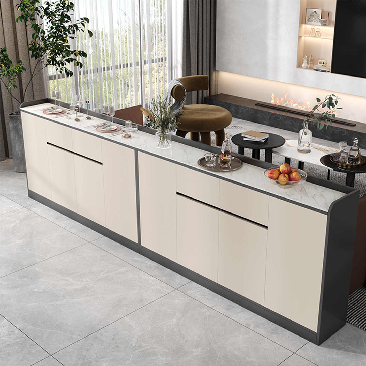 横厅沙发后背靠山柜长条桌窄餐边柜30cm超薄后背柜岩板台面可定制