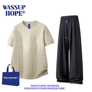 WASSUP HOPE老钱风短袖T恤男款夏季针织休闲长裤子运动休闲套装潮