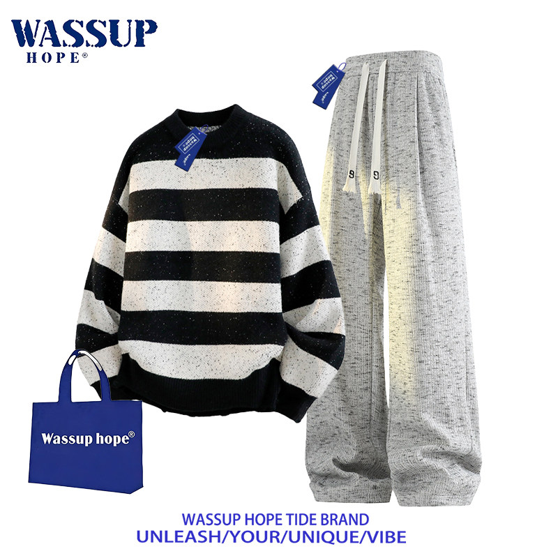 WASSUP HOPE休闲运动套装男春秋季套头毛衣条纹圆领休闲长袖上衣图片