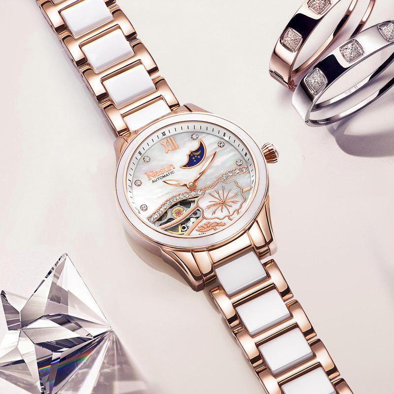 正品尼尚名牌手表女士机械表全自动时尚潮流夜光防水镂空陶瓷女表